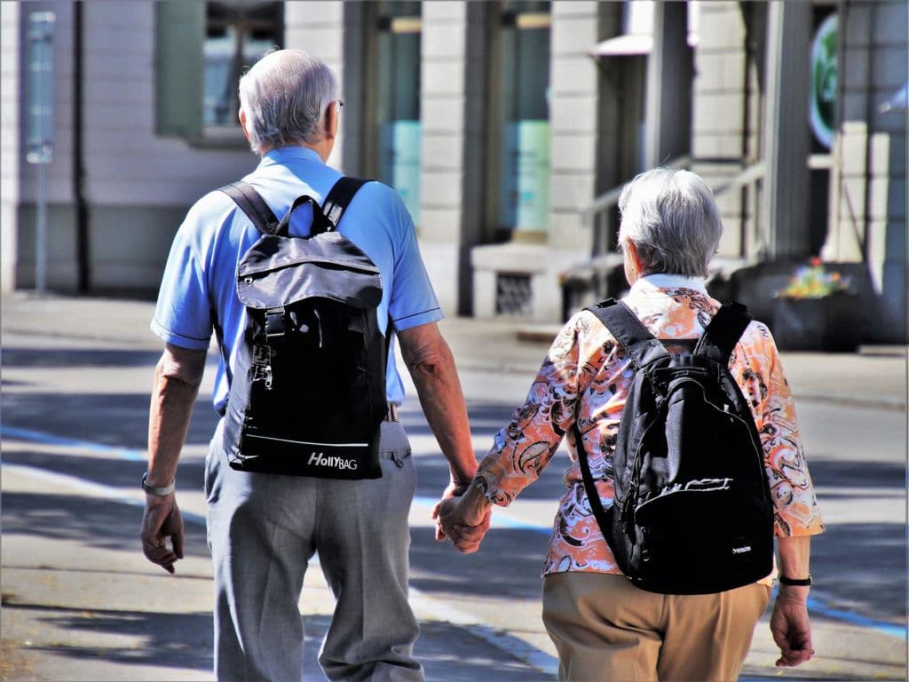 Un couple de personnes âgées marchant main dans la main.